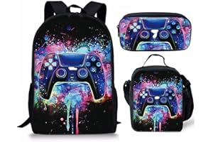 GENERIC Gaming Backpack for Boys, Waterproof Lightweight 3-Piece School Bag Set with Lunch Bag & Pencil Case, Large Capacity School Bag for Kids 6-14 Years, Perfect for Elementary (game003, Black)