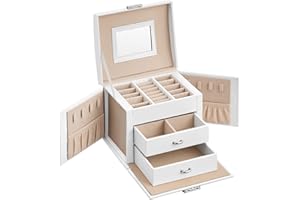 SONGMICS Szkatułka na biżuterię 3 poziomy, szkatułka na biżuterię z uchwytem, 2 szuflady, szkatułka na biżuterię z lustrem, zamek, przechowywanie biżuterii w podróży, nowoczesna, pomysł na prezent,