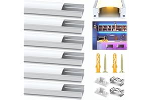 VEANANO LED Profile Diffuser for Led Strip Light Trunking 6Pack 3.3FT/1M White U-Shape Aluminum Channel with Milky White Cover, End Caps and Mounting Clips Easy Installation