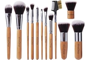Emaxdesign, ensemble de 12 brosses de maquillage professionnel avec manchon en bambou, pinceau Kabuki de qualité supérieure pour fond de teint, mélanger, fard à joues, anticernes en liquide, poudre, pinceaux pour crème cosmétique, trousse de pinceaux avec un sac