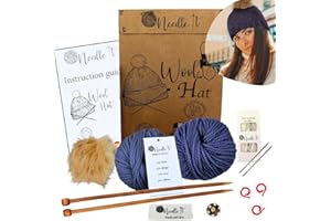 Needle It® Kit completo gorro azul oscuro - Gorro de lana para niños y adultos - Kit completo con aguja, ovillo e instrucciones - Lana francesa