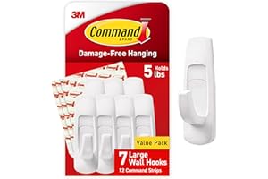 Command Hooks Large Utility Damage Free Hanging, Sticky Hook and Adhesive Strips Pack, No Tools for Multi Purpose Hanging, 7 White Heavy Duty Hooks and 12 Strips