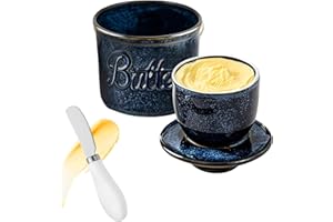 NBBENG Round Butter Dish with Lid, French Butter with Knife for Soft Butter, Ceramic Butter Crock with Waterline - Porcelain Butter Dish - Dishwasher Safe ( Blue )