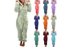 WUSENTOF Women Fleece Onesies Zip Up One Piece Hooded Pajamas Cozy Sleepwear Pyjamas Autumn Winter Warm Loungewear Jumpsuit Comfy Soft Nightwear Thermal Sherpa Long Sleeve Pajama with Pocket
