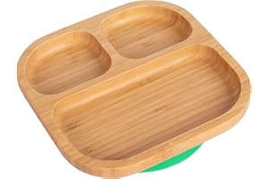 Tiny Dining Baby Plate with Suction Cup - Segmented - Green - Divided Non-Slip Bamboo Self-Feeding Baby Weaning Plate for Babies, Toddlers, Children