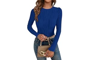 GLEENOD T-Shirt pour Femme à col Rond Haut Décontracté en Maille Extensible Motif Ondulé Y2K Basic Tops