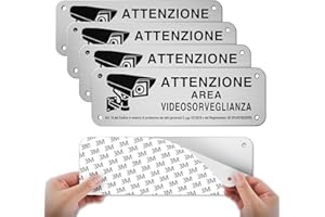 YUNPYCHY Cartello Area Videosorvegliata, 4 Pezzi Alluminio Spazzolato 15x5cm, Cartello Videosorveglianza Adesivo e Fori Preforati per Locali e Proprietà Privata