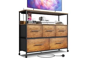 Adoture Dresser with Charging Station, Chest of Drawers for Bedroom with 5 Fabric Bins, TV Stand with Open Storage Shelf, TV Table with 4 Castors for Living Room, Hallway (Rustic)
