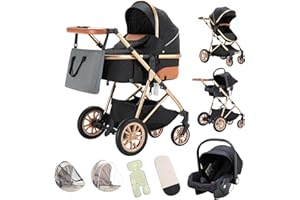 Gcarebb Poussette 3 en 1, Poussettes Citadines Avec Siège Auto, Poussettes Combinée Poignée Réglable en Hauteur Haut Cadre en Aluminium, Poussette canne compacte 0-36kg Paysage