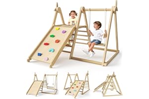 STYPLZ Structure de Jeux intérieure 5 en 1,Ensemble d'escalade en Bois Pliable avec balançoire,Toboggan,échelle et Mur d'escalade,Jeu d'escalade inspiré de la philosophie Montessori pour Enfants