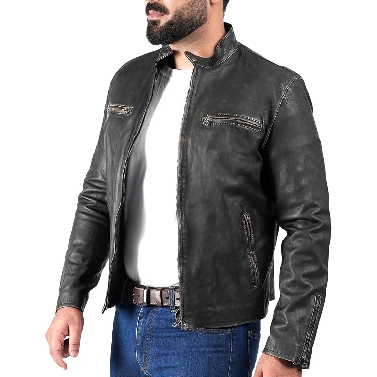 Men’s Vintage Café Racer Motorcycle Jacket – Distressed Black Real Leather, Zip Closure, Waist Length