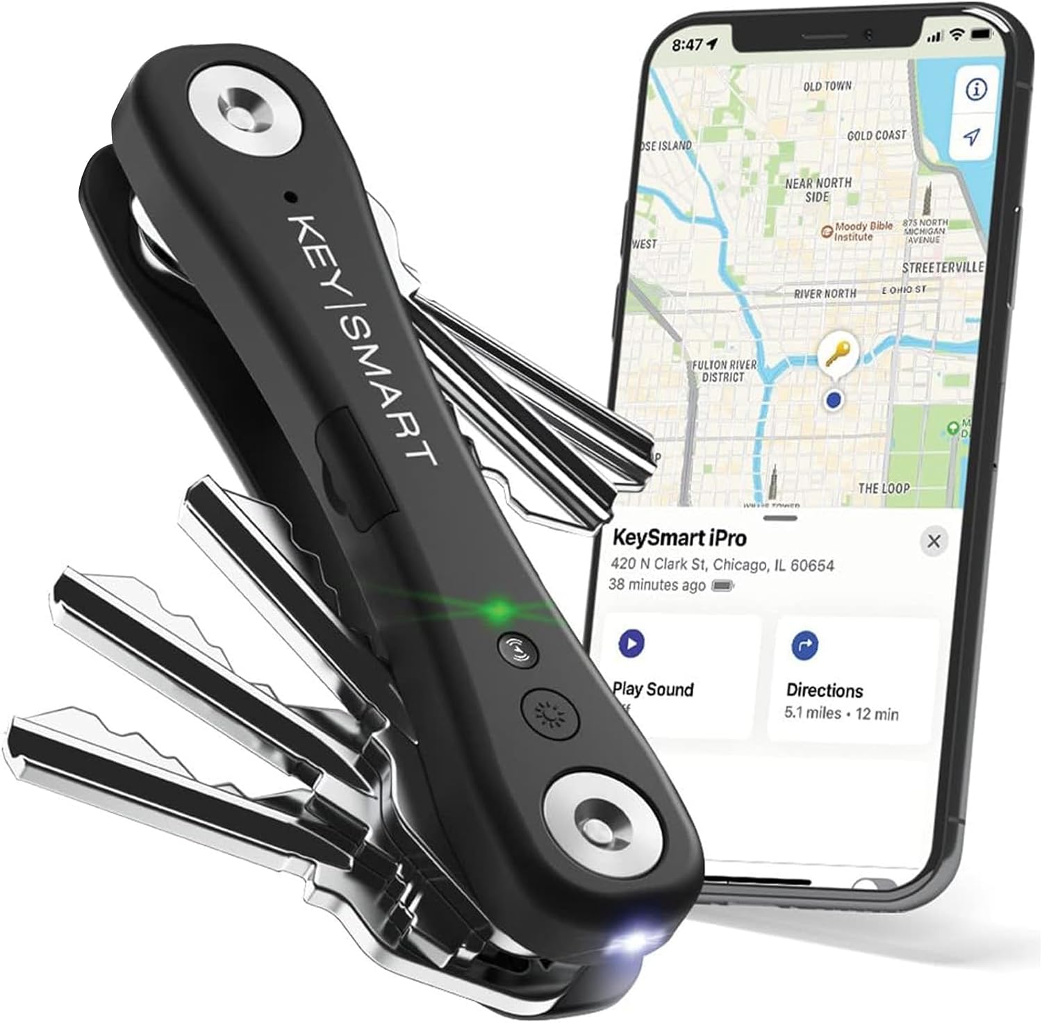 KeySmart iPro - Key Finder Locator with Sound, Keychain Key Holder, Apple Find My App Compatible, Key Organizer, Clutter-Free Key Chain Tracker, Tech Gifts for Men, Up to 14 Keys, Black, 1 Pack