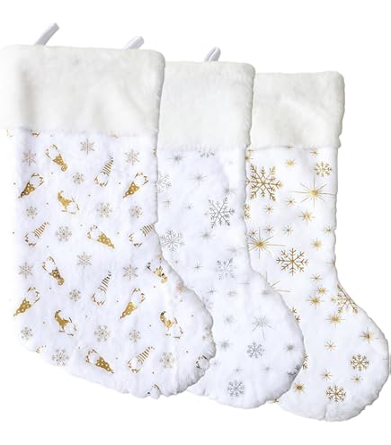 Freesiom Botte De Noël A Suspendre Bas Chaussettes Grande Décoration Suspendue Sapin Cheminee Bonbon Sac Biscuit Arbre Enfant Flocon Poil Cadeau Blanc (Argente