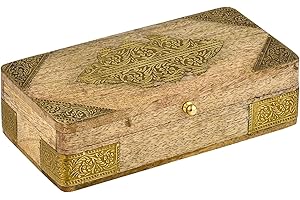 MARRAKESCH Marrakech Caja de almacenamiento con tapa de madera Hayah 20 cm grande | Joyero decorativo bohemio para guardar joyas | Caja de madera maciza con incrustaciones de latón Ideal como caja de regalo