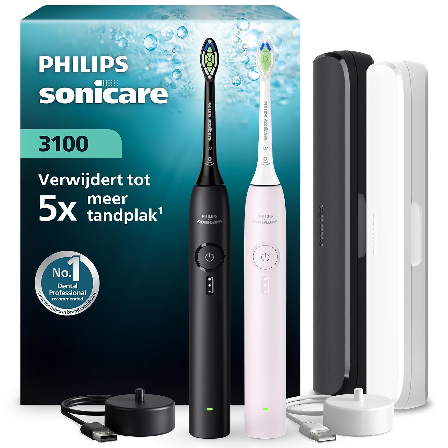 Philips Sonicare 3000 Series Elektrische Tandenborstel – Sonisch, Druksensor, 3 Intensiteiten, EasyStart, SmarTimer, 14 dag. Gebruiksduur, Reisetui, Zwart & Lichtroze, Set van 2, HX4072/42, [Nieuw]