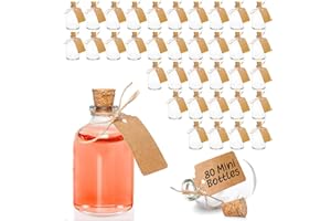 volila Mini szklane butelki z pokrywkami korkowymi do dekoracji ślubnych i uroczystości, 50 ml, szklane butelki na shot, dostarczane z etykietą rzemieślniczą i dołączonym sznurkiem (80 sztuk)