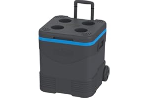 Duramax Trolley Icebox 45L, High performance cool box with PU Insulation, Side handles with secure lid locking & cup holders on lid, Grey & Blue