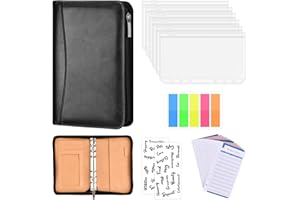 TINSELLNS A6 Budget Binder with Cash Envelopes Budget Planner, Leather Ring Binder Notebook with 6PCS A6 Zipper Storage Bag, 12PCS Expense Budget Sheets, 2Pcs Letter Sticker Labels
