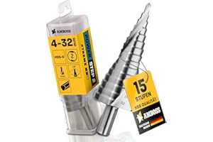 AMBOSS WERKZEUGE Foret étagé de 4 à 32 mm de diamètre / 15 niveaux / tige de 10 mm / foret conique métallique professionnel HSS / enclume PowerStep 2 / foret à trou pour acier, aluminium, plastique, verre acrylique
