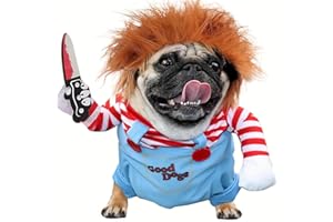FEHODUN Chucky Hundekostüm mit Messer Perücke Gruseliger Pirat Welpenkostüm Haustier Tödliche Puppe Hundekostüm Lustiges Halloween Hund Verstellbares Kostüm für Haustier Kleine Mittelgroße Hunde Katzen