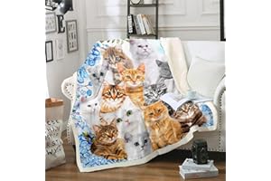 HOMEMISSING Katze Flanell Fleecedecke Karikatur Kätzchen Kuscheldecke Wärme Lustige Katzen Tier Decke 150x200cm für Katzenliebhaber Rasse Collage Haustier Jahrgang Dekor Wohndecke für Schlafsofa Couch