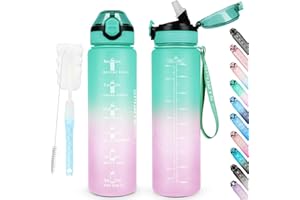 AOHAN Water Bottles 1L BPA Free Sport Drinking Bottle with Straw, Dishwasher Safe Lock Cover Leakproof Motivational Water Bottle with Time Markings, Non-Toxic Canteen Bottle (Green Purple), SH0008