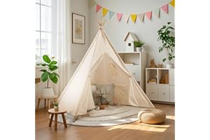Wilwolfer Teepee Tent for Kids Foldable Children Play Tent for Girl and Boy with Carry Case 4 Poles White Canvas Playhouse Toy for Indoor and Outdoor Games