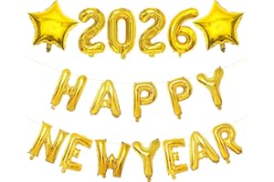 YCICHE Silvester Deko 2026, Happy New Year Decoration 2026 Set, Glänzende Gold Zahlen 2026 und Stern Folienballons, Happy New Year Girlande, Neujahr Deko Helium Ballon Girlande, Silvester Party Dekoration