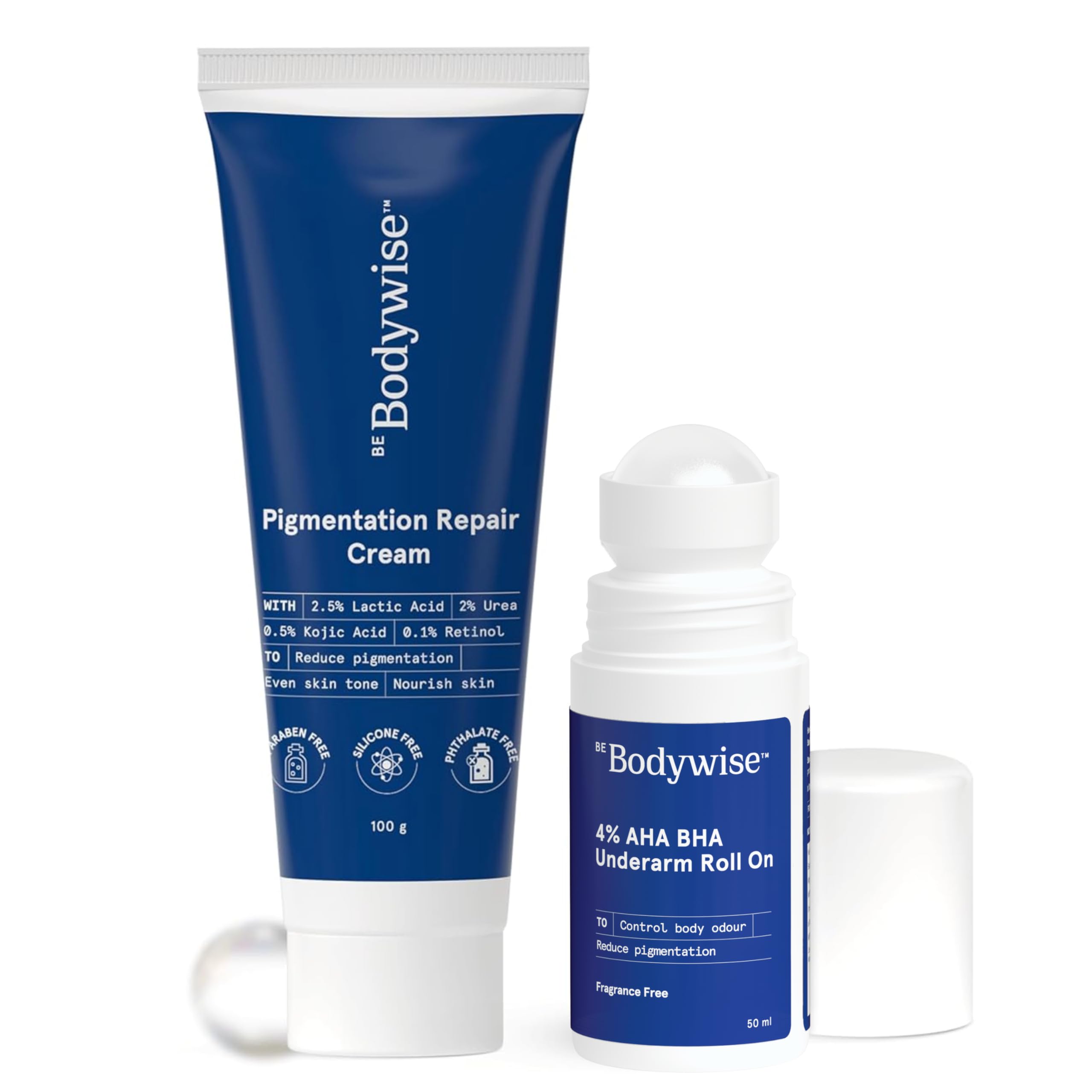 Be Bodywise Underarm Pigmentation Kit - No Fragrance | With 4% AHA BHA Underarm Roll-on (50ml) & Pigmentation Repair Cream (1