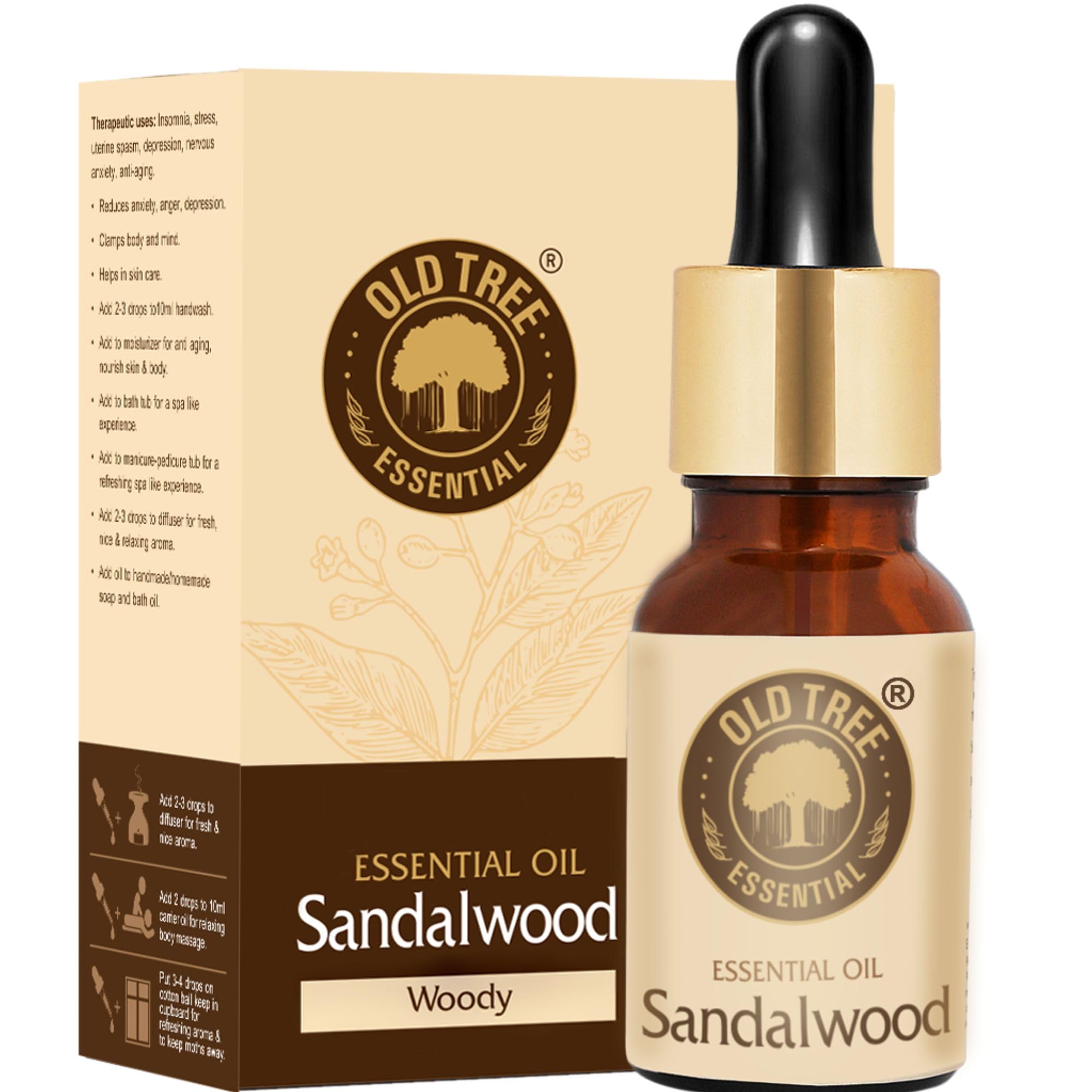Old Tree Pure Sandalwood Essential Oil for Fragrance, Skin, Bathing (30ml) - Chandan Oil with Dropper for Stress Relief & Rel