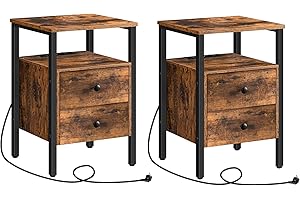 HOOBRO Nachttische mit Ladestation, 2er Set, Beistelltische, Sofatische mit 2 Schubladen, Couchtische mit USB-Anschlüssen für Wohnzimmer, Schlafzimmer, 40 x 40 x 61 cm, Vintage EBF43CBZP201