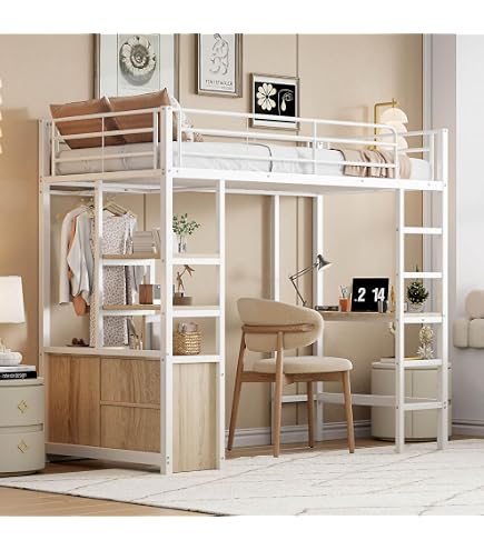 Lit Mezzanine 1 Place 90x200 Cm - En Bois De Pin Massif, Avec Escalier Rangement Et Petite Armoire - Haute Barrière De Sécurité - Pour Enfant/adolescent, Sans Matelas - Gris Ou Blanc