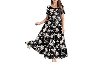 YESNO Damen Kleider Freizeit Lose Sommerkleid Lang Boho Maxikleid für Rundhals Strandkleid Blumenkleid EJFDE