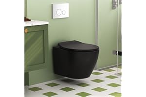 DEER VALLEY Toilette Murale WC Suspendu en Céramique DeerValley DV-1F0069B Toilettes Murales à Fixation Murale 1,6 GPF/1,1 GPF Double Paroi Plate avec Siège Fermé doux Noir Sans Réservoir WC Suspendu