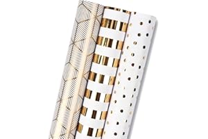 RUSPEPA Rouleau De Papier D'Emballage Cadeau - Mini rouleau - Ensemble De 3 Différents Or Et Blanc (42,5 pieds carrés) - 43,2 cm X 3,05 m Par Rouleau