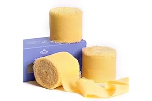 FAKILO Nastro in chiffon con bordo sfilacciato, nastro in chiffon di seta gialla, 3 rotoli da 4,8 cm x 2,8 m per inviti di nozze, bouquet da sposa, confezioni regalo, artigianato fai da te