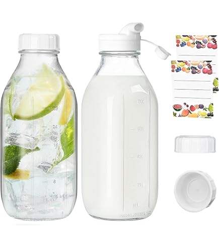 Lot De 4 Bouteilles En Verre Borosilicate 500 Ml - Avec Bouchon Inox, Graduations, Résistante à La Chaleur, Pour Jus, Smoothies, Café, Lait Végétal - 8