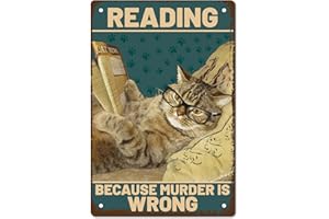 CREATCABIN Plaque Métal Chat Lecture Parce Que Le Meurtre Est Mauvais Affiche Métal Vintage Rétro Art Mural Suspendre Peinture Animaux Drôles pour Maison Salle Bain Décoration Murale 20x30cm