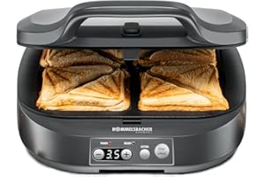 ‎ROMMELSBACHER ROMMELSBACHER Sandwich Maker ST 1800, 4 XL-Sandwiches, Antihaftbeschichtung, 15 Minuten Zeitschaltuhr, automatische Abschaltung, Cool Touch Gehäuse, 1800 Watt, schiefergrau