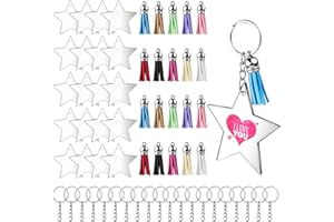 GOTRUST Set di 60 portachiavi in acrilico, con nappe, dischi trasparenti, portachiavi ad anelli in acrilico, pezzi grezzi, perfetti per il fai da te, stella a cinque punte