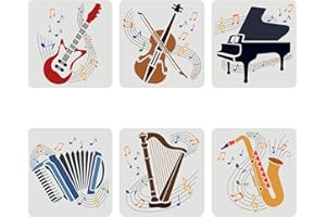 FINGERINSPIRE 6PCS Musical Instrument Stencils 30x30cm Guitar Violin Piano Accordion Harp Saxophone Drawing Stencil Large Reusable DIY Craft Painting Stencil for Music Lovers Home Decoration