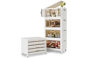 Warmiehomy Storage Box with Lid, 40L*4-Tier Flodable Plastic Storage Bins with Wheel, Stackable Boxes, Space-Saving Storage Organiser for Bedroom, Living Room, Office