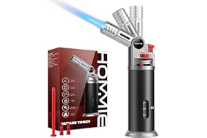 Flambierbrenner, Hommie Küchenbrenner mit Brennstoff Anzeige, Sicherheitssperre und Einstellbarer Flamme, Creme Brulee Brenner Butan für Küche, Schweißen, Backen, Grillen (Butan NICHT enthalten)