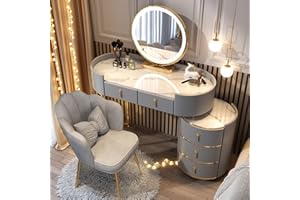 Yalmond Toaletka LED z lustrem i luksusowym aksamitnym krzesłem, marmurowa szafka, wielofunkcyjna do stacji makijażu, szara