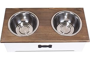GREEN LEAVES Luxury Dog Food Feeding Stand Station Stainless Double Raised Bowls Pet Feeder (White, Small)