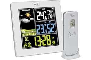 TFA Dostmann Digitale Funk Wetterstation mit Außensensor SUN2, 35.1174, für Innen und Außentemperatur, großes Farbdisplay, mit Wohnklima, inkl Funkuhr mit Datum, Hygrometer, mit Netzadapter, weiß