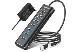 Hub USB Alimentado, RSHTECH 7 Puertos Hub USB 3.2/USB C con USB-A 3.2 a 10Gbps, 2 USB-C 3.2, 4 Puertos USB 3.0 a 5Gbps, Hub USB C Aluminio Cable Datos de 1m, Fuente de Alimentación de 24W, RSH-A107C
