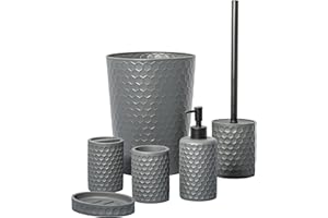 ZCCZ Badezimmer Set – 6-teiliges Organizer-Set mit Toilettenbürste, Mülleimer, Zahnbürstenhalter, Seifenspender, Schale, Becher – Elegante Deko im grauen Hexagon-Design für stilvolle Badgestaltung