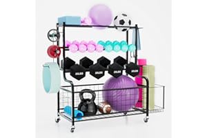 Lhysn Dumbbell Storage, Yoga Mat Weight Rack, with Wheels and Hooks, Gym Storage for Yoga Equipments, for Dumbbell, Yoga Block, Foam Roller, Workout Equipment Storage Organizer, for Home, Gym