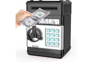 TUSEASY Elektroniczna skarbonka dla chłopców w wieku 3-12 lat, sejf z hasłem, mini skarbonka bankomatowa, gotówka, zabawki dla dzieci w wieku 5, 7, 8, 9 lat, czarny
